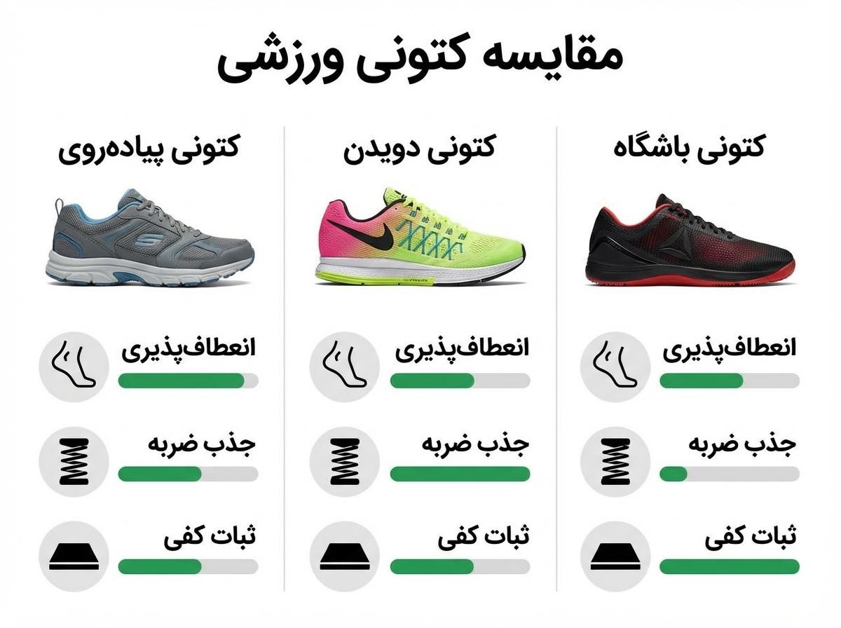 مقایسه تصویری انواع کتونی ورزشی برای پیاده روی، دویدن و باشگاه